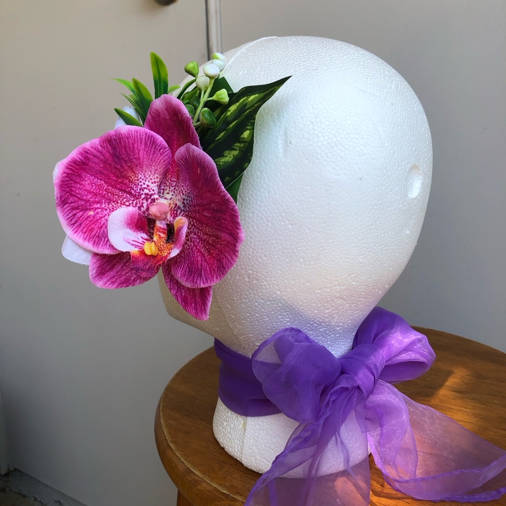 Pinup / Rockabilly Pink & White Orchid Hair Clip - Picture 3 of 4